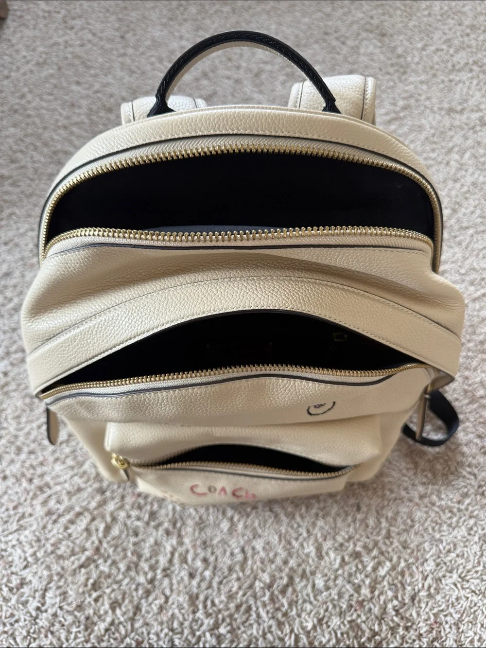 Coach Cream Leather Backpack with Multicolor Script Details - Picture 5 of 6